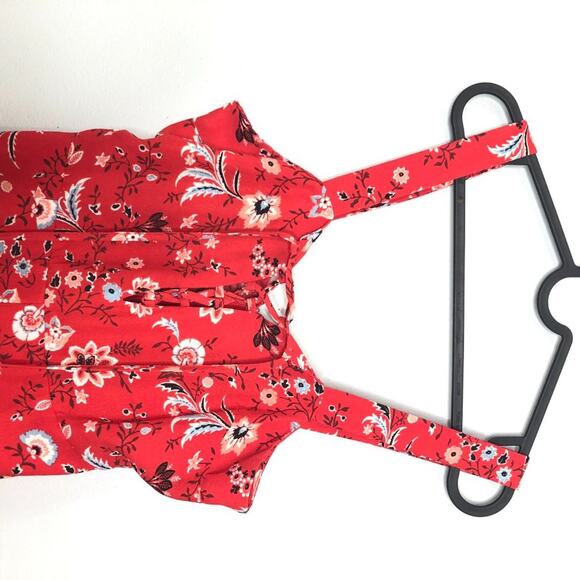 F21 Contemporary Red Floral Lace Up Tank Romper S - Picture 5 of 11